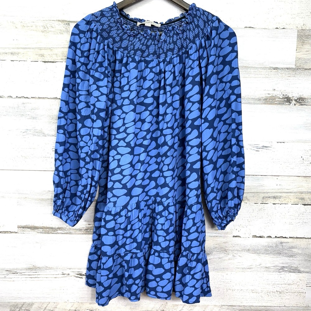 Ann Taylor LOFT Blue Ruffle Hem Long Balloon Slv Oversized Polka Dot Dress XXSP